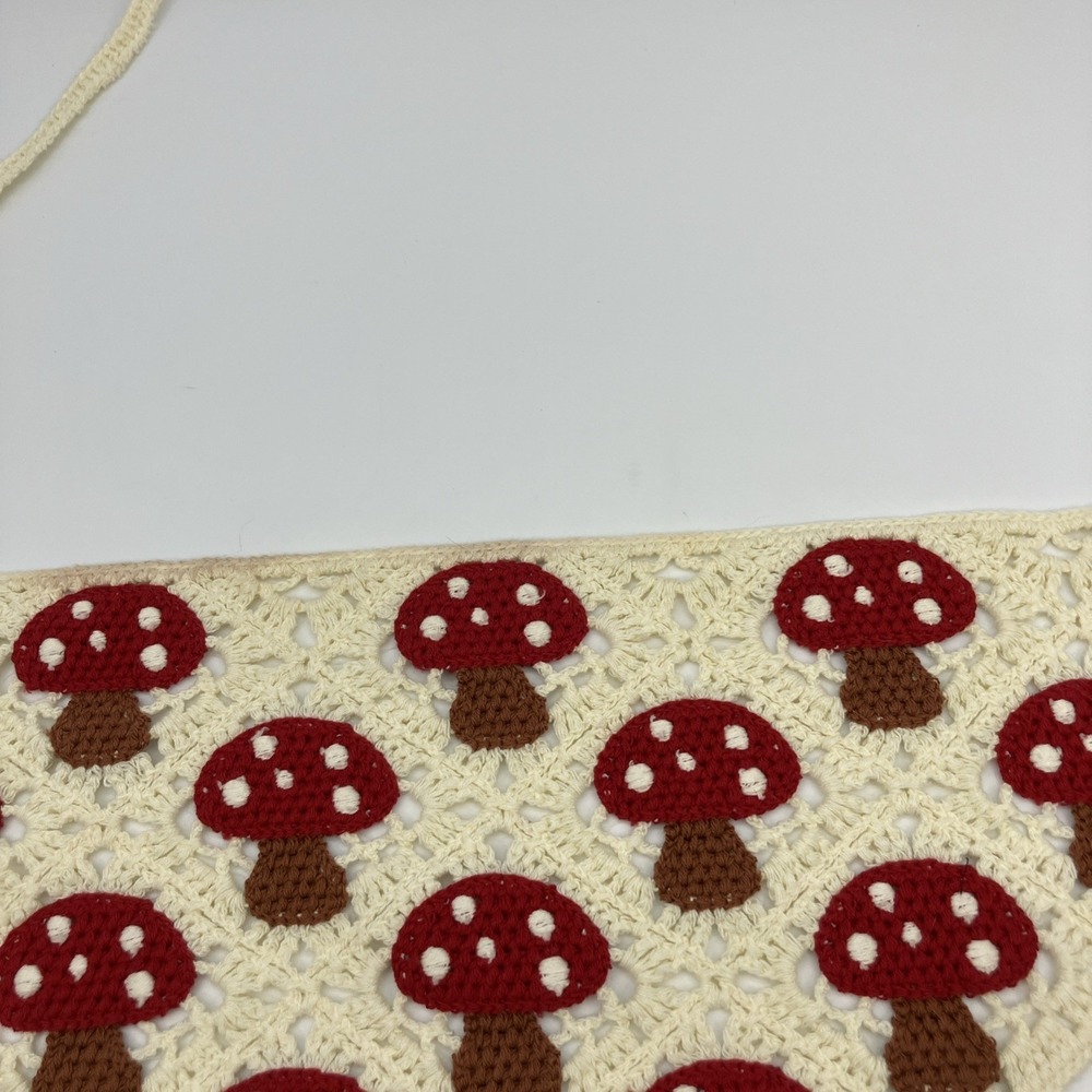 Crochet Mushroom Bandana Hair Kerchief Cottagecore Boho Head Scarf Red Cream Hip - Picture 3 of 10